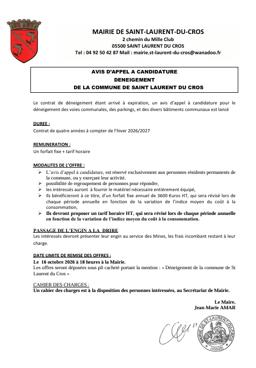 avis dappel a candidature deneigement - AVIS D'APPEL A CANDIDATURE POUR LE DENEIGEMENT
